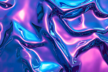 3d render Metallic liquid background. Abstract neon texture. Rainbow 3d holographic foil. Wavy glossy surface in blue and purple colors Background