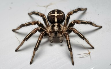 Black and white spider. A black and white spider with hairy legs, showcasing intricate markings and a prominent abdomen.