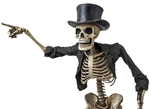 A skeleton wearing a top hat and a black jacket points to the left. transparent background, Ai generative