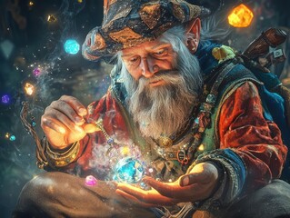 An elderly wizard with a long white beard, wearing a colorful hat and a beaded necklace, examines a glowing gemstone in his hand.