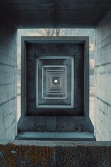 A concrete tunnel with rectangular frames, creating a diminishing perspective toward a centered circular light spot.