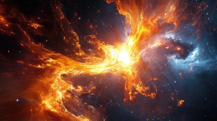 Fototapeta premium Depict intense fusion reactions with radiant plasma jets and swirling, luminous energy in a stellar environment.