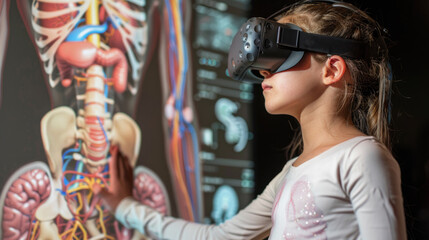 Fototapeta premium A healthcare education system where children study the human body in a virtual reality world, exploring anatomy through immersive, hands-on experiences