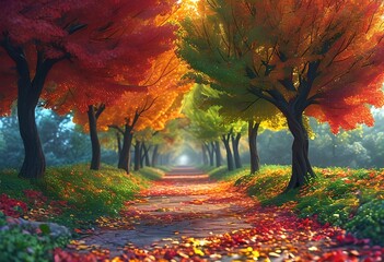 A colorful canopy of leaves creates a magical pathway, inviting exploration