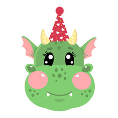 Vector illustration of cute kawaii green face, head dragon with birthday hat 	