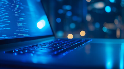 A laptop computer with a blue screen displaying code