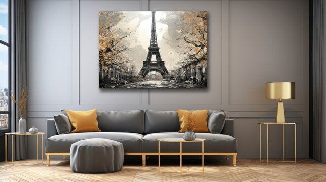 modern painting of golden Paris and Eiffel tower. The texture of the oriental style of gray and gold canvas with an abstract pattern. artist collection of animal