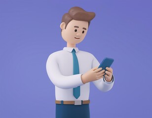 A businessman smiles as he looks at his phone, 3D illustration