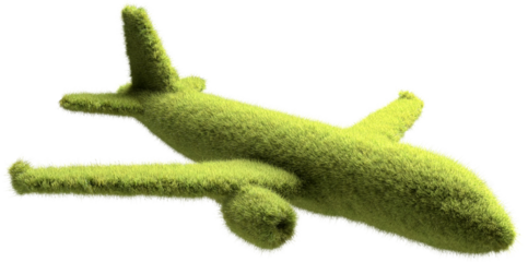 A green passenger aircraft covered with grass. Concept for zero emission or low emission travelling with airplanes, carbon neutrality. Transparent background