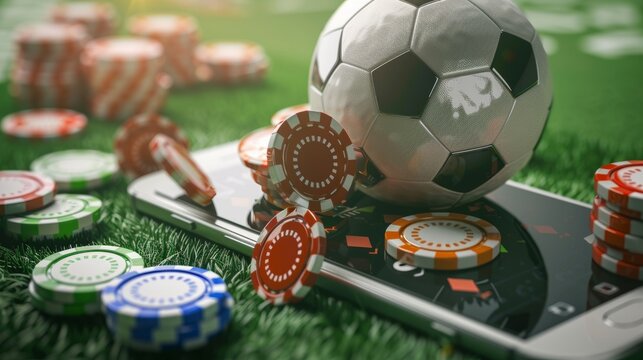 cell phone with a ball and betting chips, sports betting concept