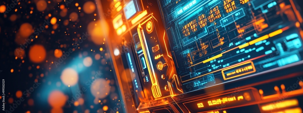 Poster close-up of a futuristic vending machine interface, glowing selections, soft ambient light in the ba