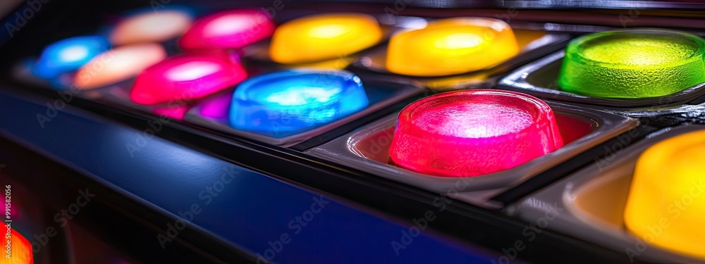 Poster close-up of a futuristic vending machine interface, glowing selections, soft ambient light in the ba