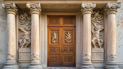 Obraz premium Ornate wooden door with intricate carvings framed by columns with detailed sculptures.