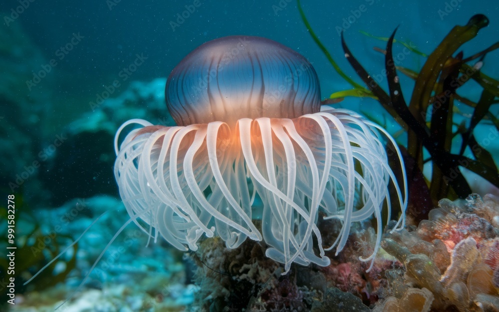 Poster jellyfish underwater. close-up of a jellyfish with long tentacles floating in the ocean, surrounded 