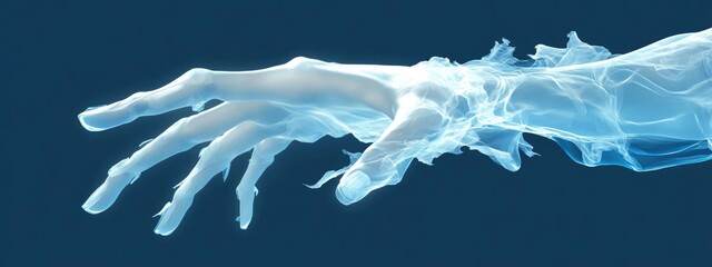 Close-up of a ghostly hand reaching out, translucent skin, tattered cloth fluttering, faint blue glow