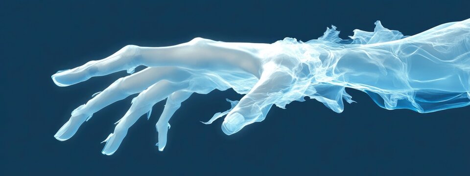 Close-up of a ghostly hand reaching out, translucent skin, tattered cloth fluttering, faint blue glow