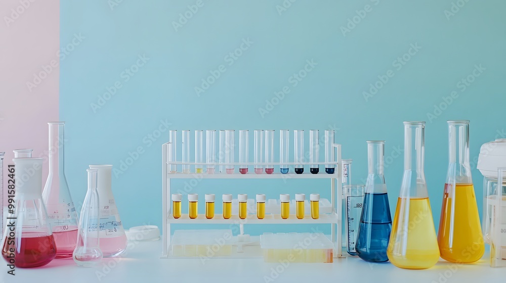 Poster a colorful array of laboratory glassware on a blue background