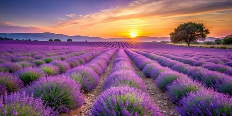 Obraz premium Purple lavender fields glowing under a summer sunset in Brihuega, Guadalajara, Spain, lavender, fields, purple, sunset
