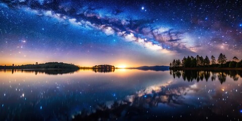 Fototapeta premium Reflection of starry sky on tranquil lake surface , night, stars, sky, reflection, lake, water, peaceful, serene, nature