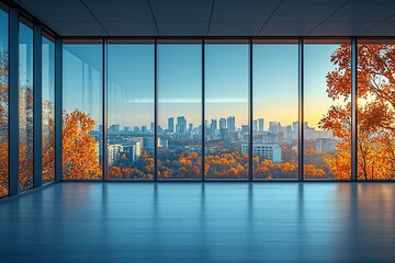 Naklejka premium Modern office with panoramic city view through large windows.