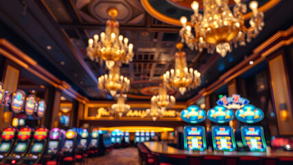 Fototapeta premium Blurred view of an elegant casino interior with luxurious chandeliers, slot machines, and a bar counter. The warm lighting creates a sophisticated and inviting atmosphere. Generative AI
