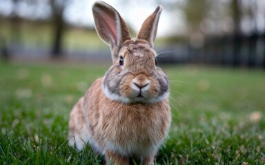 Fototapeta premium Cute bunny in grass. A fluffy brown bunny sits in the grass, looking directly at the camera. The bunny has a soft, white chest and a cute, round nose.