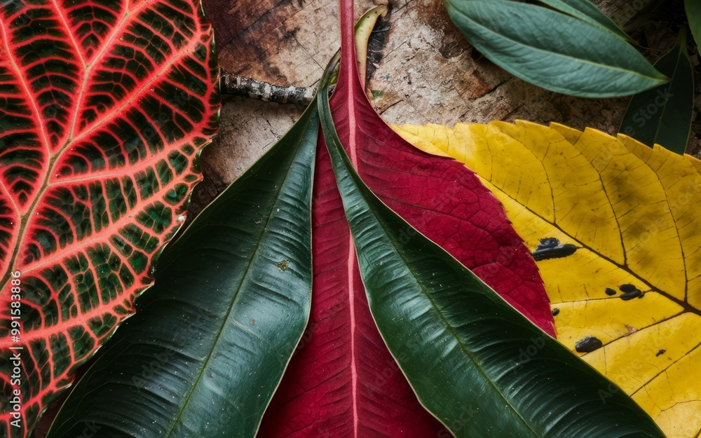 Poster colorful leaf pattern. closeup shot of various colorful leaves with patterns and textures, including
