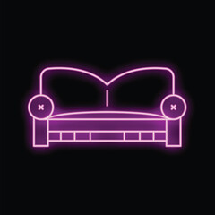 Vibrant purple neon sign depicting a comfortable sofa, perfect for themes related to relaxation, home decor, and interior design