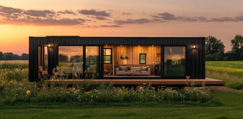 Fototapeta premium A sleek, modern tiny house with large windows and an open floor plan. The exterior is made of black metal beams,