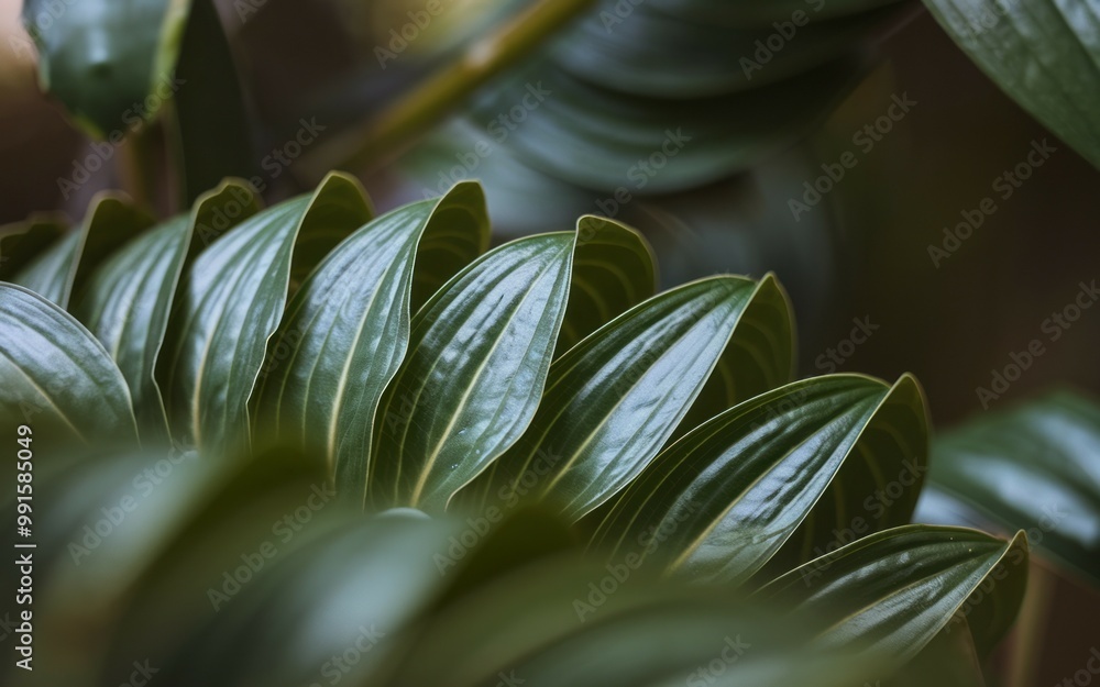 Poster green leaves texture. closeup of green leaves with intricate texture. the leaves are curved and over
