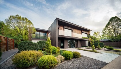 Exterior perspective of recently constructed housing design. Facade of up-to-date residence surrounded by vibrant garden and trees. Architectural appearance of dwellings from outdoors