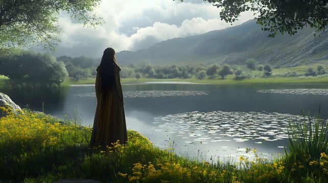 8. A tranquil Celtic goddess standing by a sacred lake