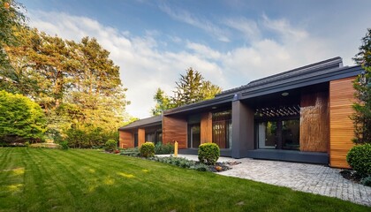 Obraz premium Exterior perspective of recently constructed housing design. Facade of up-to-date residence surrounded by vibrant garden and trees. Architectural appearance of dwellings from outdoors