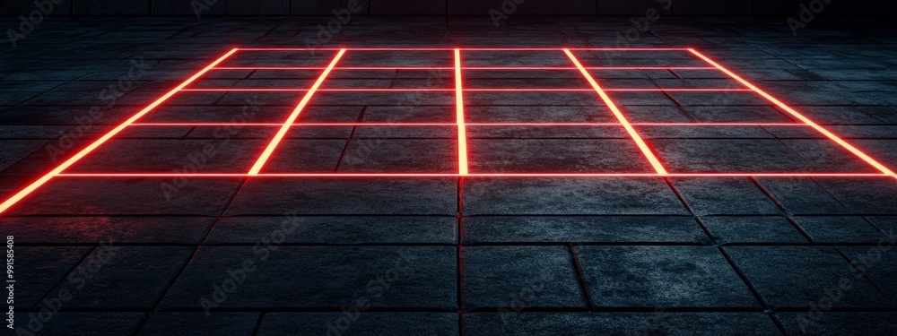 Poster close-up of a laser scanning system, glowing red lines tracing across a surface, soft sterile light