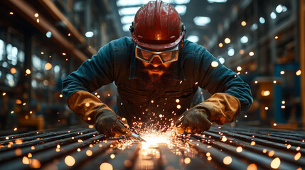 A focused worker welds with sparks flying in an industrial setting, showcasing skill and precision in metal fabrication.