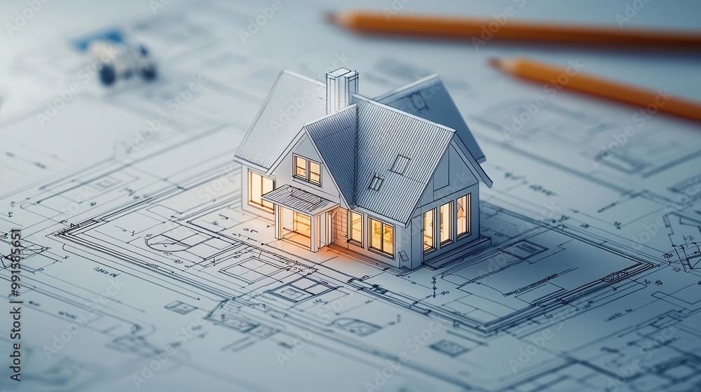 Poster Construction blueprint of a house with a central atrium and skylights, House Construction Blueprint, Atrium house concept