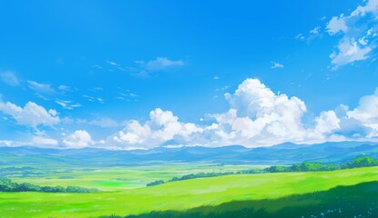 A beautiful landscape featuring a bright blue sky with fluffy white clouds above a lush green grassy field, creating a serene atmosphere that captures the essence of nature's tranquility and harmony.