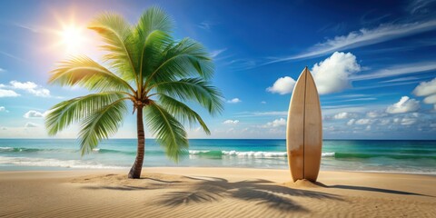 Surfboard and palm tree on sandy beach background, surfboard, palm tree, beach, tropical, ocean, sea, vacation, summer