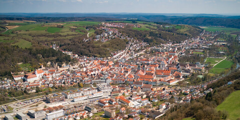 Aerial of the old town of the city  Eichstätt in Germany on a sunny afternoon in summer	
