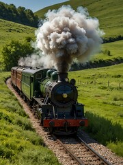 Classic steam train moving through green fields in spring.