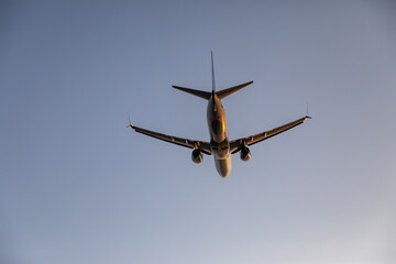 Beautiful airplane takes off at sunset. Sunny evening. Large passenger plane.
