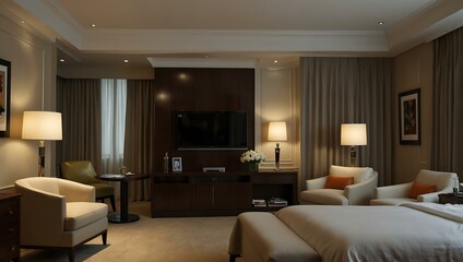 Classical hotel bedroom with TV console.