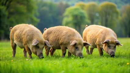Fototapeta premium Three mangalica pigs grazing in a lush green pasture, mangalica pigs, livestock, farming, animals, outdoors