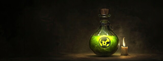 Close-up of a potion bottle, glowing green liquid inside, dark labels with skull symbols, dim candlelight
