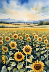 Obraz premium Vibrant oil painting of sunflower field in warm colors representing summer landscape