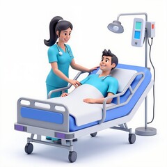 3D cartoon nurse caring for a patient in a hospital bed. Medical assistance scene with bright colors and a clean, professional environment.
