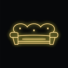Yellow neon sign depicting a classic sofa glowing on black background