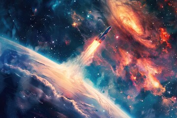 Obraz premium A space shuttle soaring through the vast expanse of a star-filled galaxy