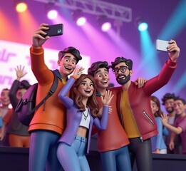 3D illustration of a group of friends taking a selfie at a party. Young adults enjoying nightlife, fun, and socializing in cartoon style.
