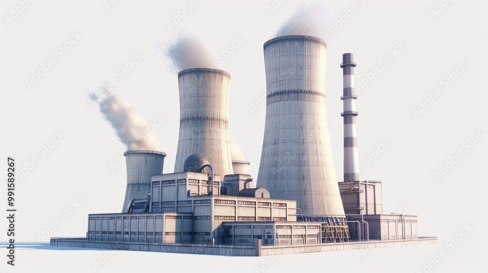 Poster a factory with visible smoke emissions from its stacks, representing industrial activity